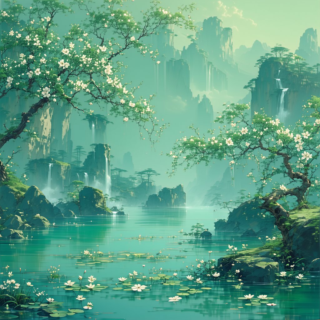 野渡花争发，春塘水乱流。