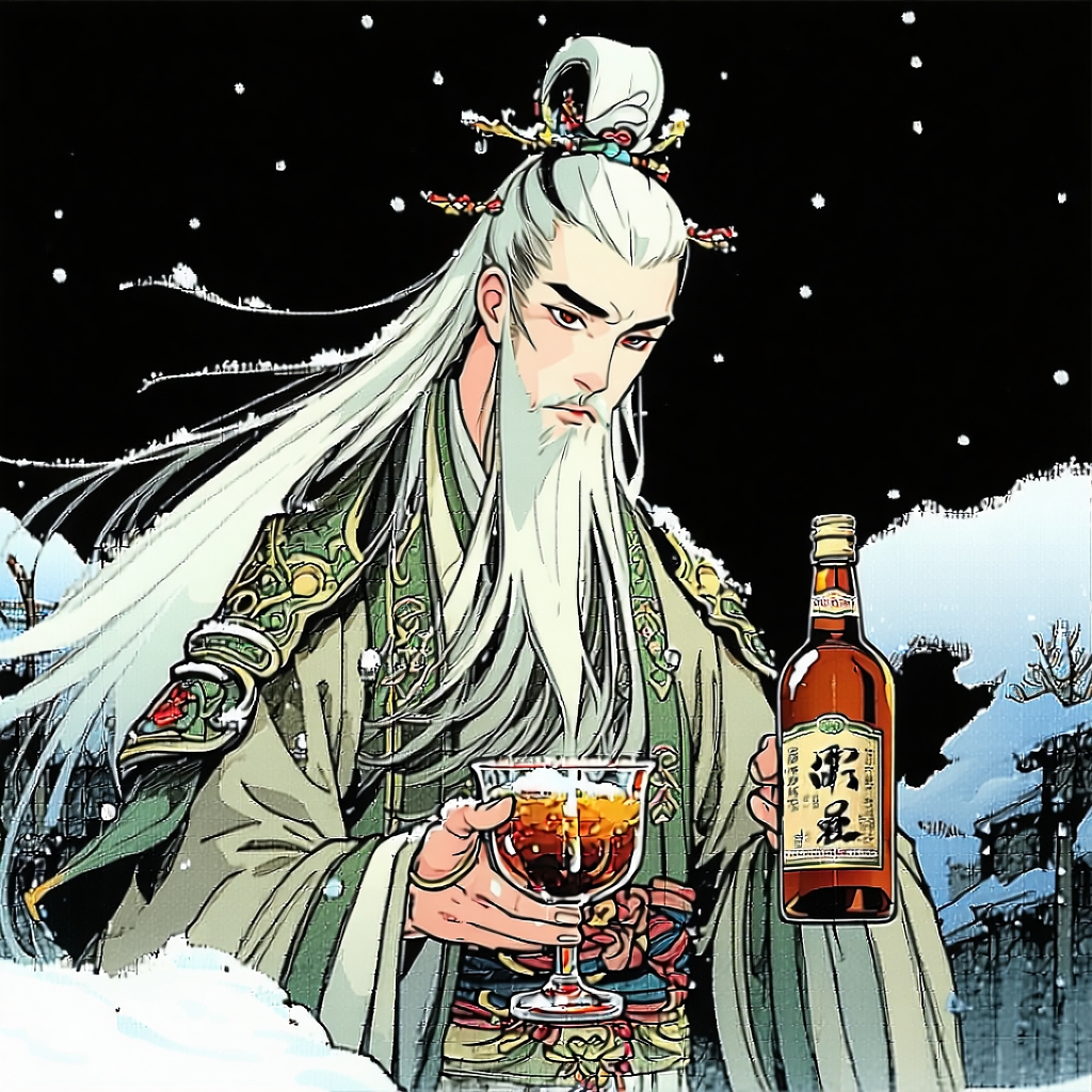 将军玉帐貂鼠衣，手持酒杯看雪飞。