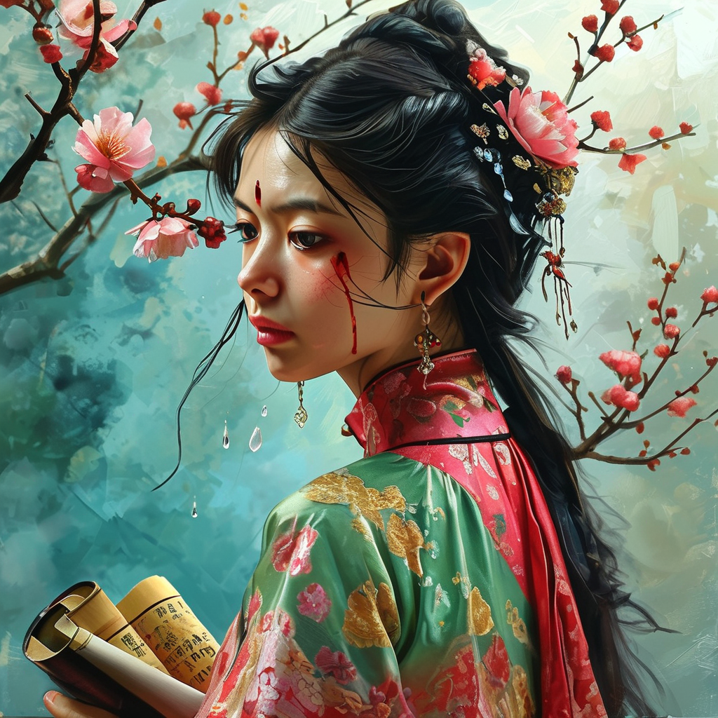 欲写彩笺书别怨。泪痕早已先书满。 Poster